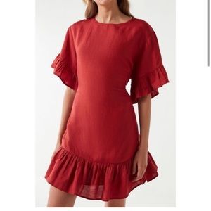 Urban Outfitters Suddenly Spring Red Linen Blend Ruffle Dress Extra Small
